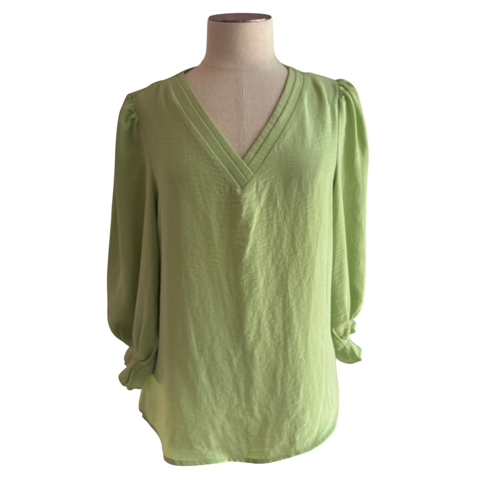 Worthington Blouse Womens M Green Puff Sleeve V-Neck Pleated Cuff Boho NWT